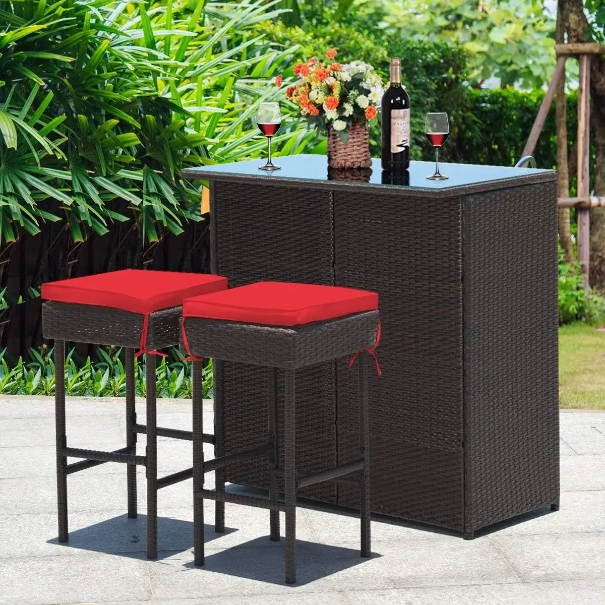 Pátio Rattan Wicker Bar Set, Mobília ao ar livre, Glass Top Table, 2 Almofadas Bancos, 3 Pcs