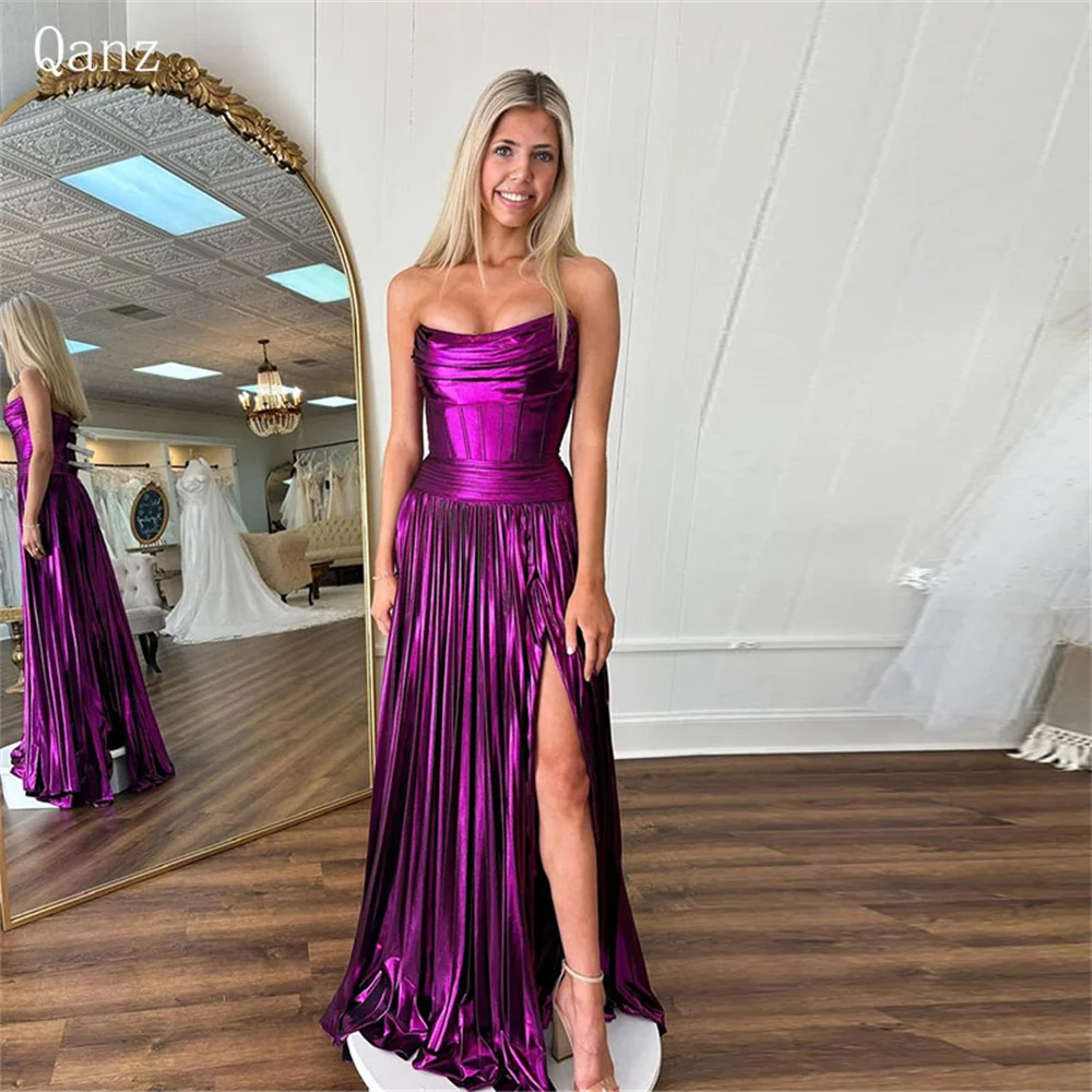 

Qanz Purple Stretch Satin Prom Dresses Modern Strapless Pleat High Slit Vestidos De Gala A Line Floor Length Dress Party Night