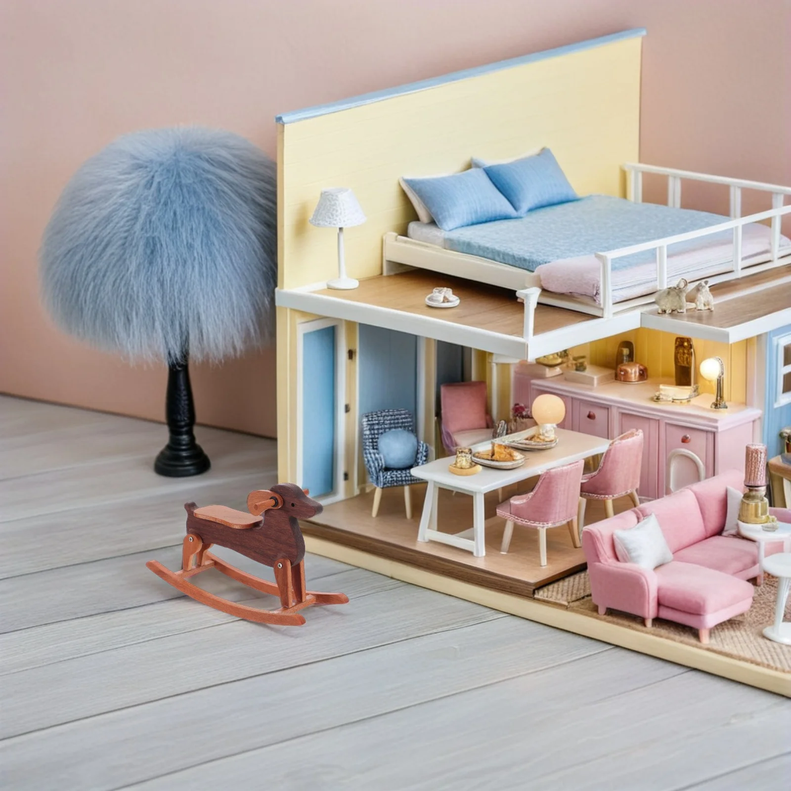 

Деревянная лошадка-качалка ручной работы, миниатюрная масштаб 1:12 для дизайна декора кукольного домика для миниатюрных сцен и дисплеев