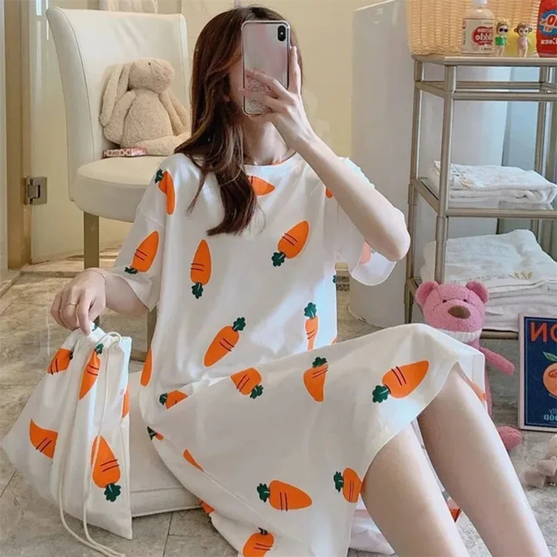 Sleep Dress For Women Summer Female Sleepwear Cute Print Long Nightgown Cartoon Pajama Casual Sleepshirt Elastic Lady Clothing