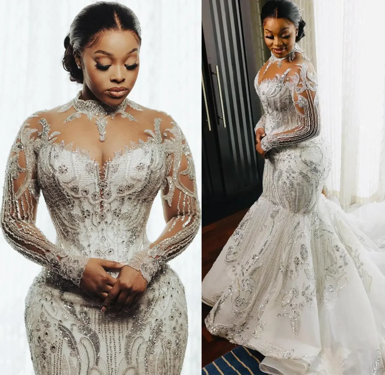 

Customized 2025 Plus Size Arabic Aso Ebi Mermaid Wedding Dress Luxurious Illusion Long Sleeve Sheer High Neck Lace Crystal Brida