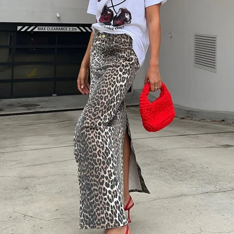 Vintage Leopard Print Skirt Harajuku Y2k Clothes Trends High Waist Midi Skirt  Spring Summer Women Fashion Elegant Long Skirts