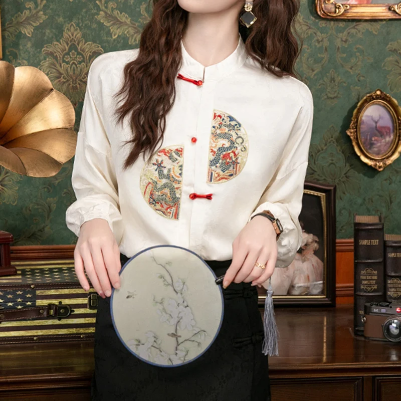 New 2024 Spring Women Shirts & Blouses New Chinese Style Long Sleeve Vintage Embroidery Women Clothes Stand Collar White Shirt