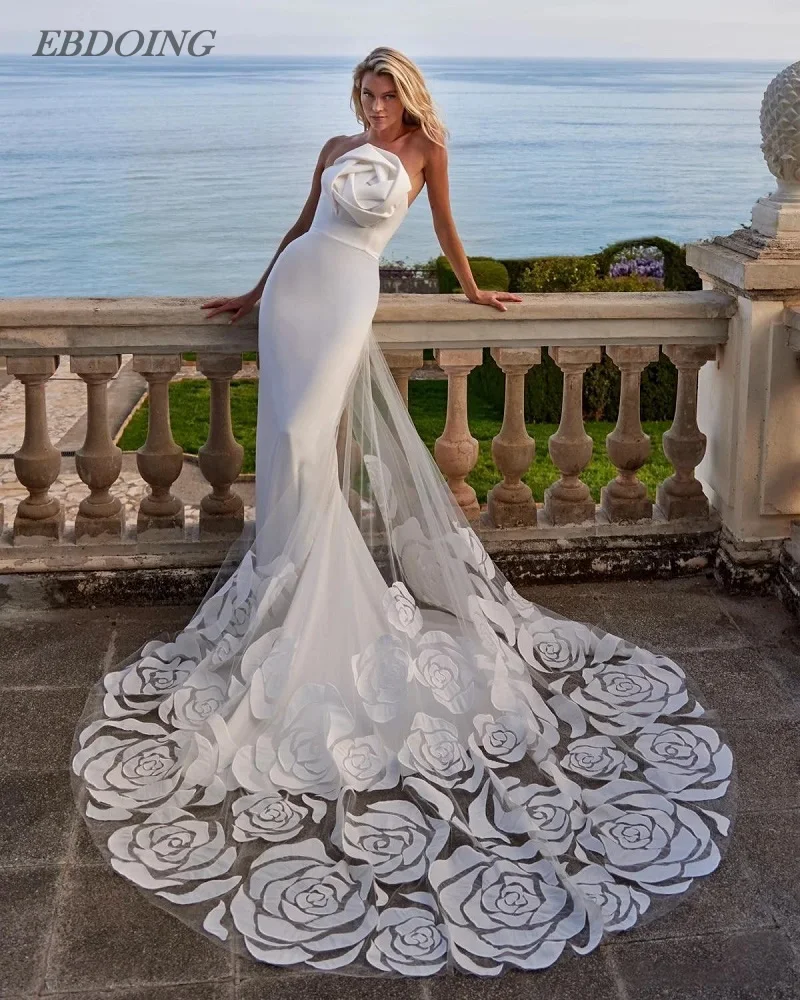 

EBDOING Wedding Dress Mermaid Satin 2 in 1 Strapless Chapel Train With 3D Big Flowers Customized Bride Gown