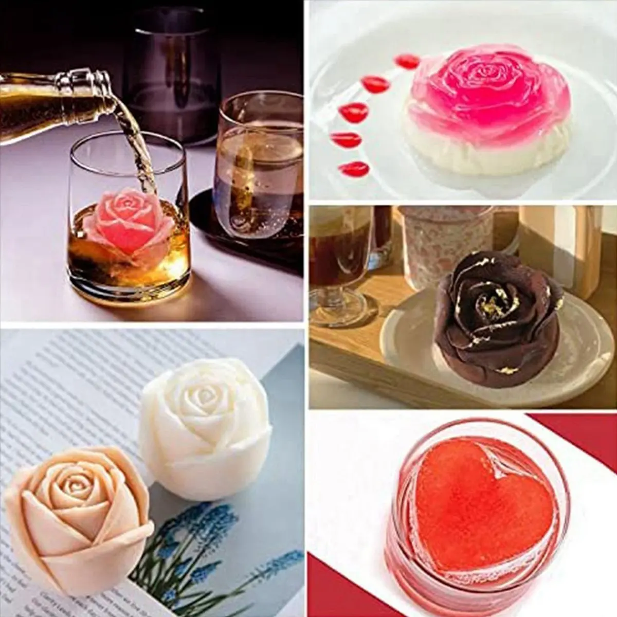 REST Roses Ice-Cube Mold, Heart Shape Ice-Cube Tray, Silicone Ice Mold, Ice Ball Maker for Whiskey Cocktails Drinks, Pink