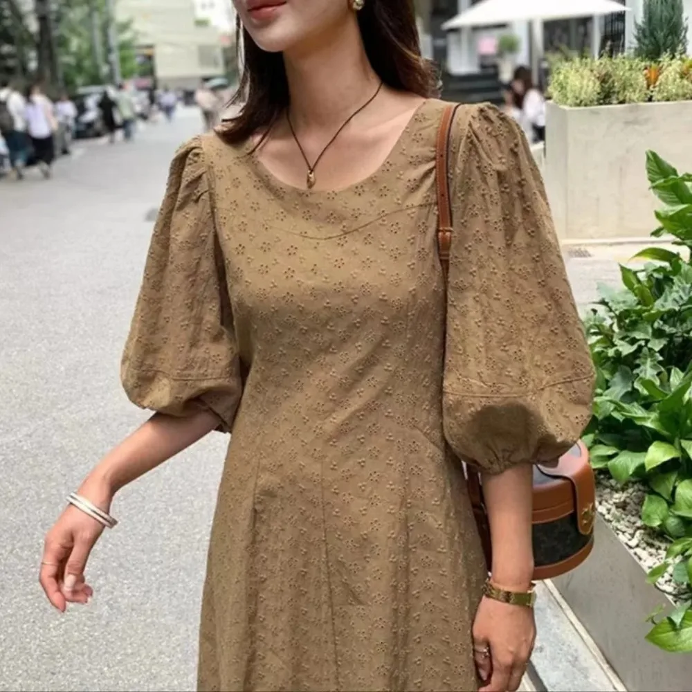 Women\'s Summer Vintage Long Jacquard Dress with Belt Puff Sleeve Flattering Pullover Vestidos Female Robe 2024