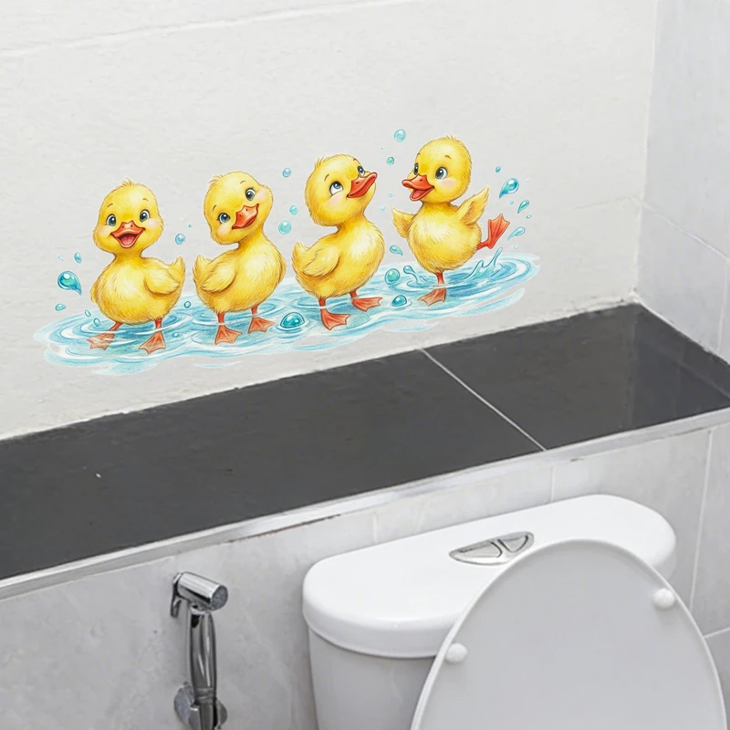Cute Cartoon Yellow Duck Playing with Water Vinyl Wall Art Toilet Stickers for Home Decoration Aesthetic Rooms Kitchen Bathroom