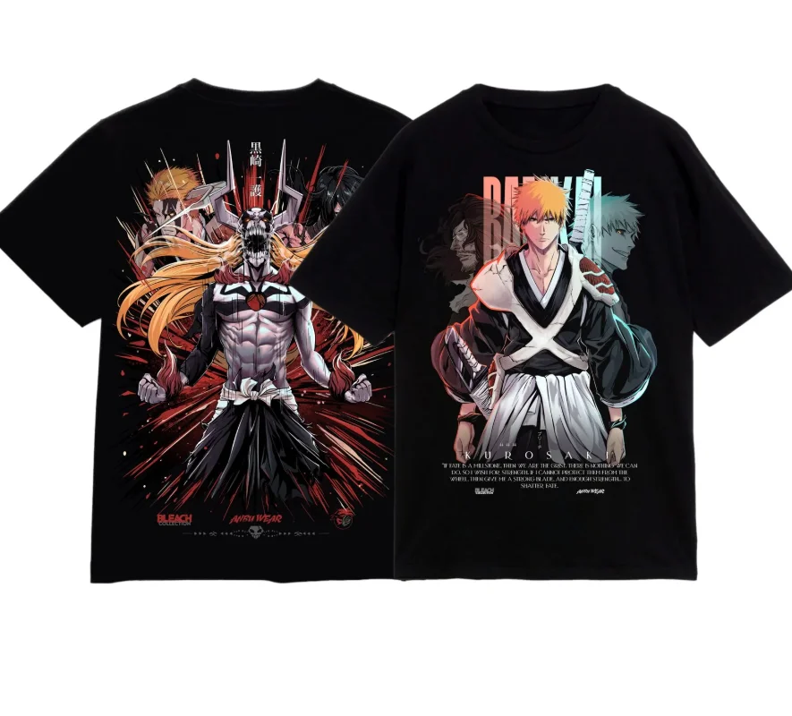 2026 summer Anime BLEACH Ichigo Kurosaki Oversized T-shirt, Dual-Sided Hollow Form Print Streetwear Tee For Men Women view 2