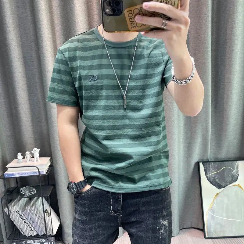 Striped short sleeve T-shirt Men 2024 summer new men\'s ice silk cotton half-sleeve T-shirt high-end men\'s clothes all-match Tops