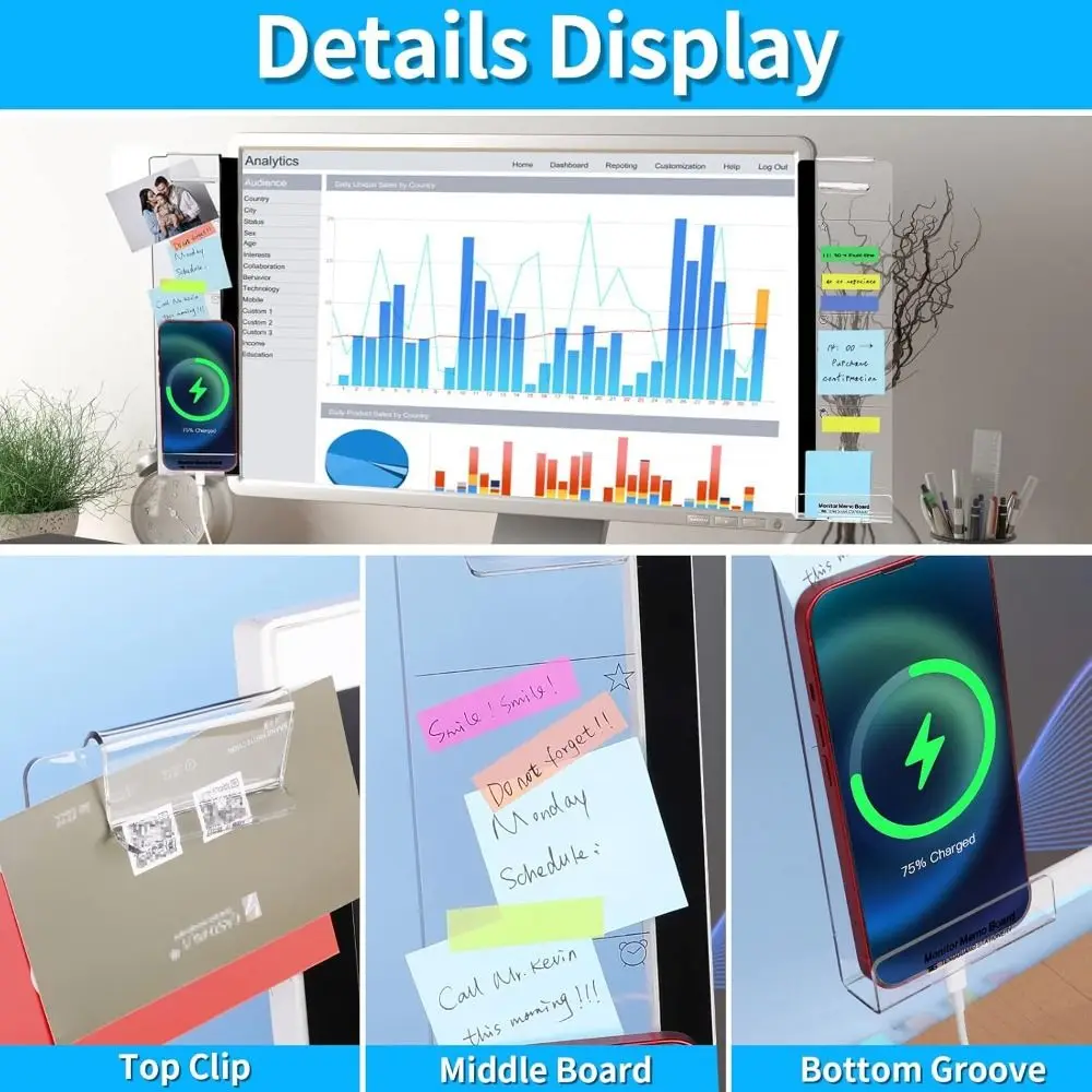 Transparent Monitor Memo Board Multi-functional Self-adhesive Display Message Board Acrylic Sticky Note Holder Office Supplies