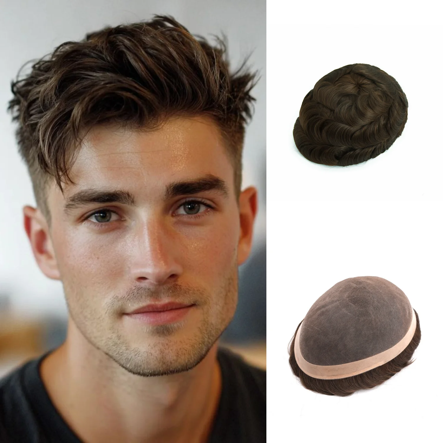 

Мужской парик-накладка 8x10 на моноленте, 100% натуральные волосы, система замещения волос, волнистый, светло-коричневый, протез для волос