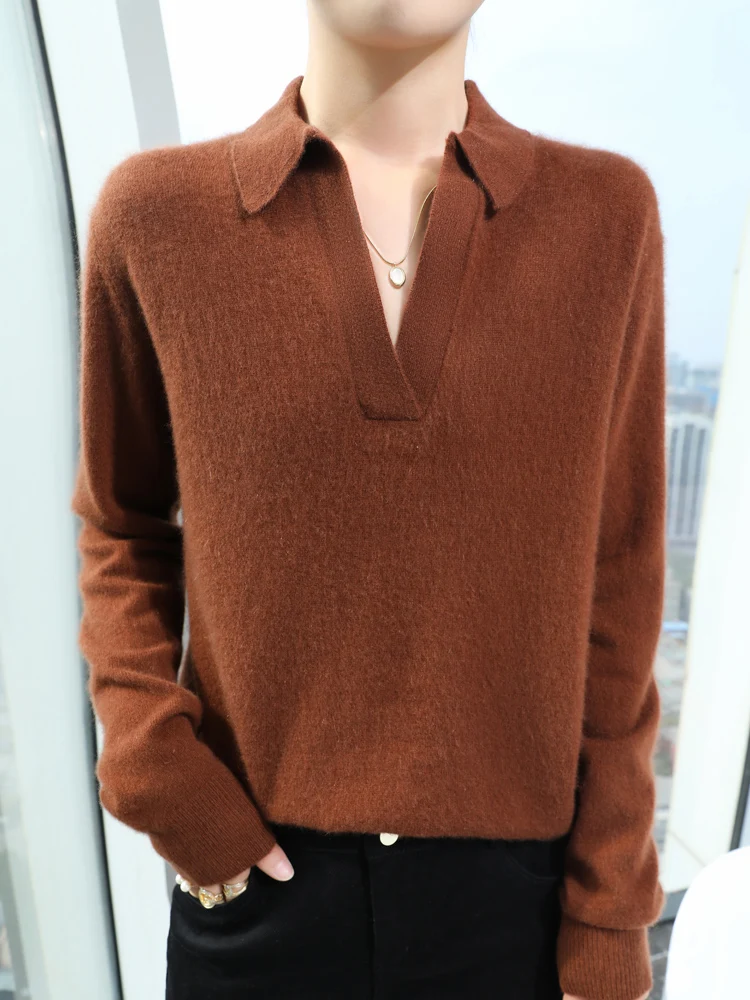 Women Polo V-neck Pullover Cashmere Sweater Autumn Winter Soft Warm 70% Merino Wool 30% Goat Cashmre Knitwear Cozy Chic Clothing