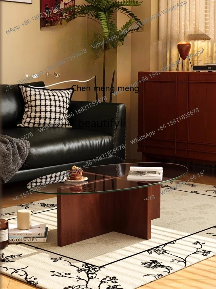 CC182Medieval solid wood glass coffee table living room home light luxury high sense minimalist cream style R