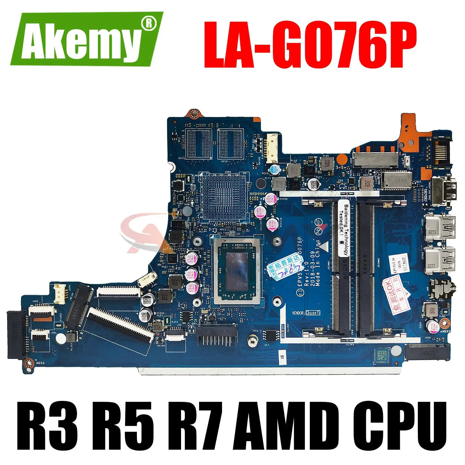 

UMA w R3-2200U R5-2500U R7-2700U AMD CPU EPV51 LA-G076P Motherboard for HP 15T-DB000 15-DB Laptop Motherboard Mainboard