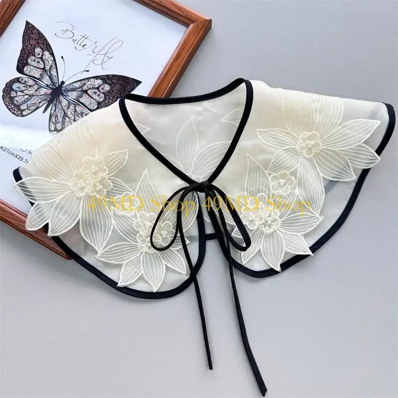 49MD Stylish Embroidered Fake Collar Polyester Delicate Lace Detachable Collar With Adjustable Ties For Fashionable Layering