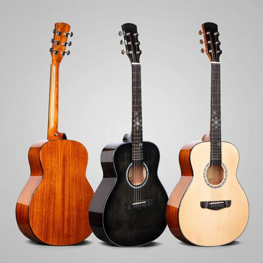Snowflake Inlay Round Body Acoustic Guitar,Solid Spruce Top,Rosewood Fretboard,Gloss Black  Natural Two‑Tone For Folk Performers