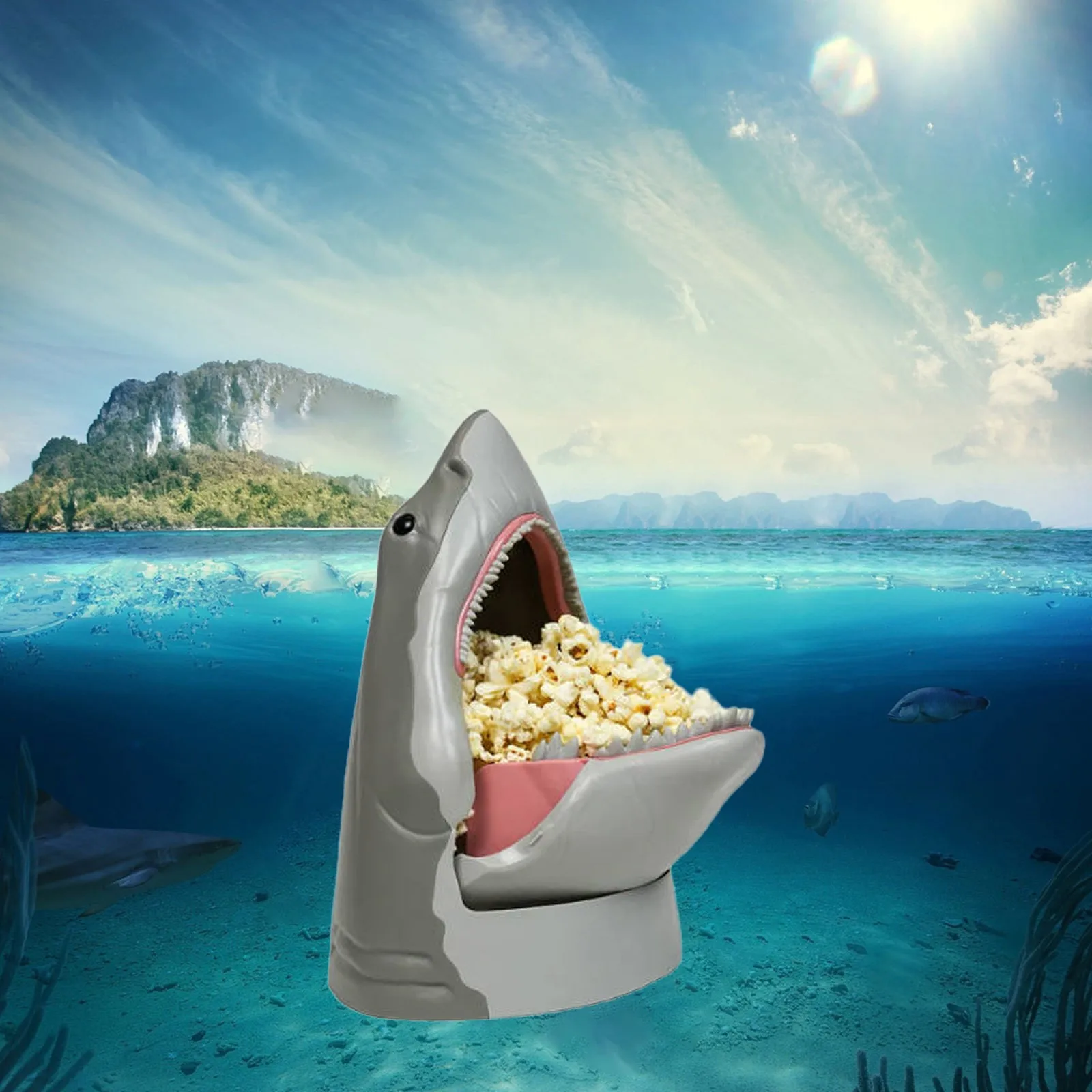 Contenedor de cubo de palomitas de maíz de película, contenedor de palomitas de maíz en forma de tiburón, suministros para fiestas, cubo de palomitas de maíz de aniversario de gran tiburón blanco