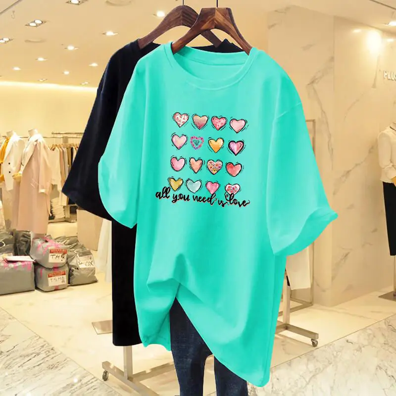 

Женская хлопковая Футболка с принтом Love, повседневный Свободный Топ с круглым вырезом и коротким рукавом, летний модный пуловер ручной росписи для веса 40-105 кг