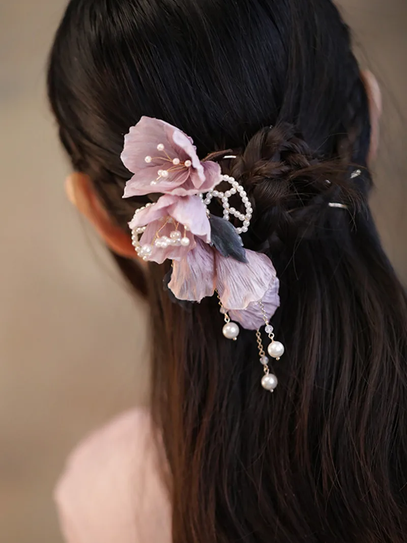 FXLRY Original Handmade Vintage U-shaped Hairpin Pan Hair Headdress Cloth Large Flower Cloth Hair Pin Hair Accessories