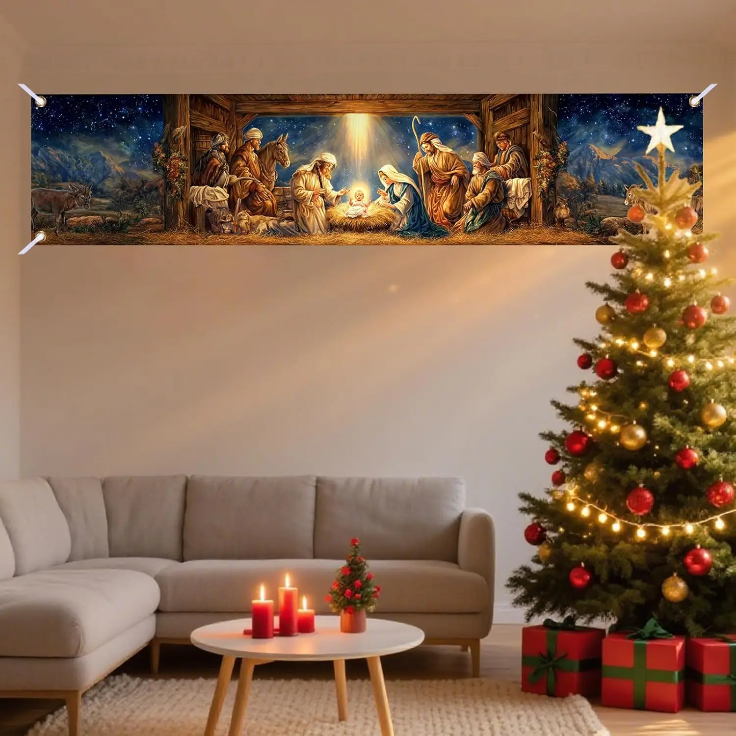 لافتة عيد ميلاد سعيد كبيرة، عائلة مقدسة وملائكة - لافتة داخلية وخارجية للفناء والحديقة والحديقة - حظر زينة حفلات العطلات #5