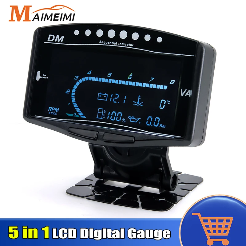 5 in 1 LCD digitale manometro olio contagiri volt volt voltmetro temperatura acqua + sensore manometro carburante per 12V 24V auto camion