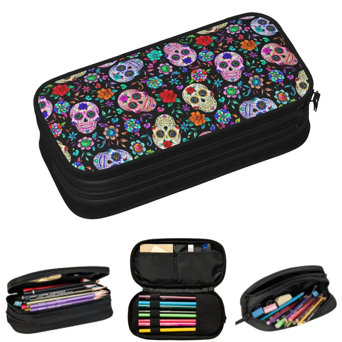 

Sugar Skull Mexican Flower Halloween Day Of The Dead Pencil Cases for Students Pen Box Pencil Bag Large Capacity Pencil Pouch