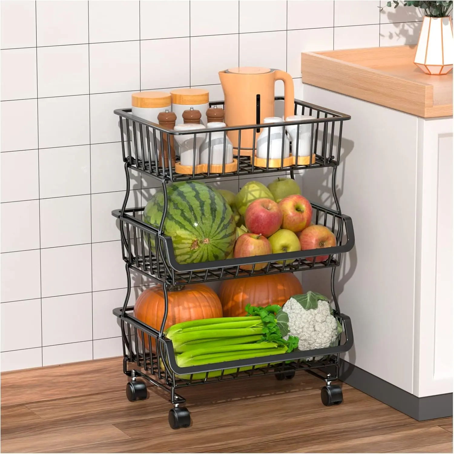 

Fruit Vegetable Basket for Kitchen, 4 Tier Stackable Fruit Vegetable Baskets with Wheels, Metal Wire Basket Organizer Cart for