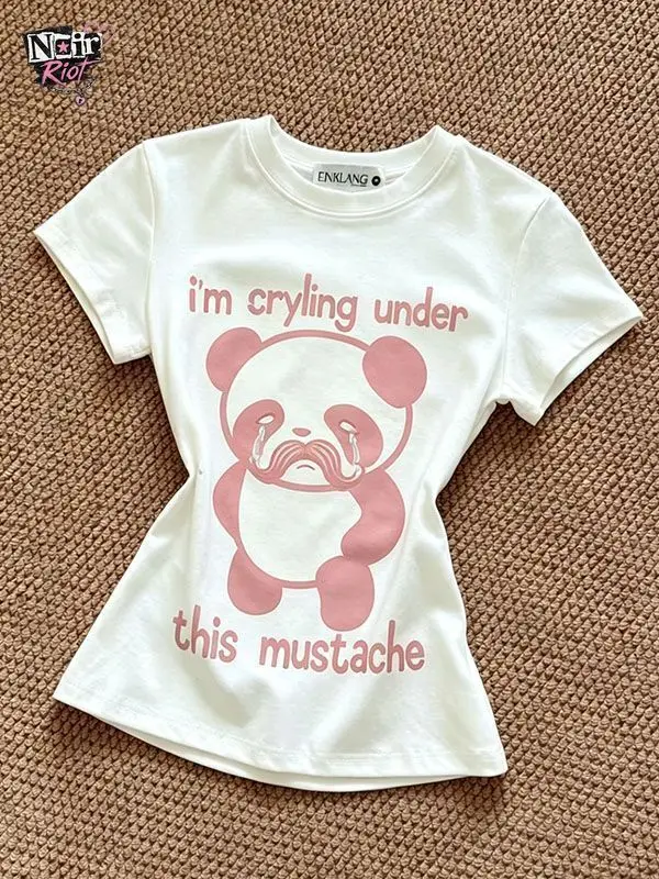 Kawaii Japanese Subculture Funny Crying Panda Mustache Graphic Tee Women Slim Fit Short Sleeve Cotton Casual Streetwear Outfit
