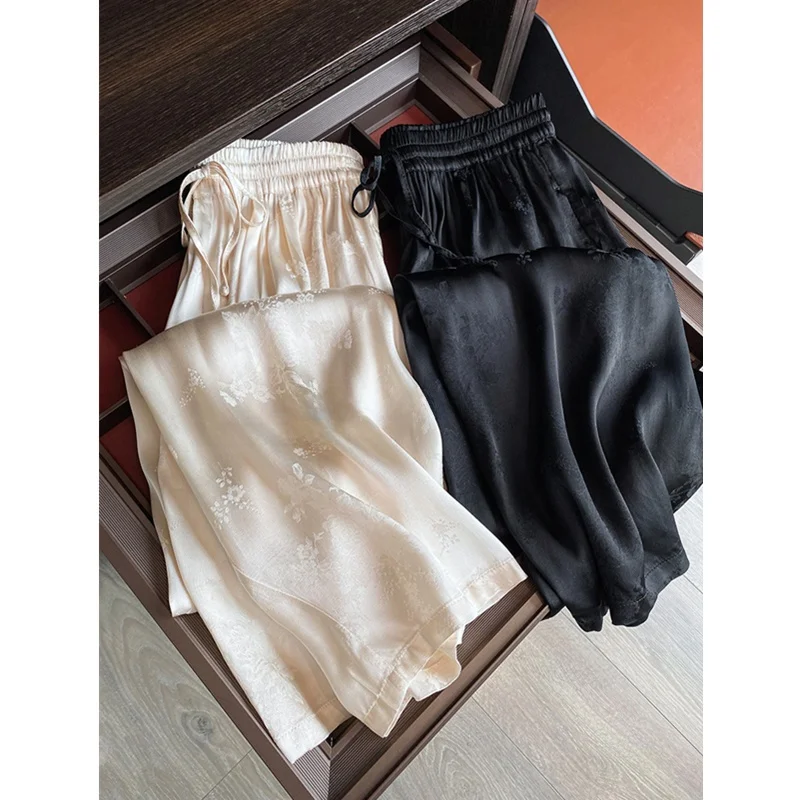 

Широкие брюки из ацетатного атласа для женщин, летние, тонкие, из ледяного шелка, повседневные, пляжные, с высокой талией, длинные, в корейском стиле