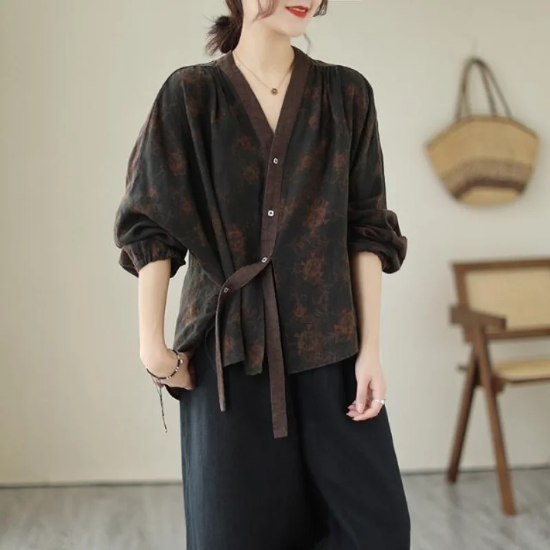 

Shirts Women's Literary Linen Jackets Spring Autumn Loose V-neck Long-sleeved Tops Ethnic Style