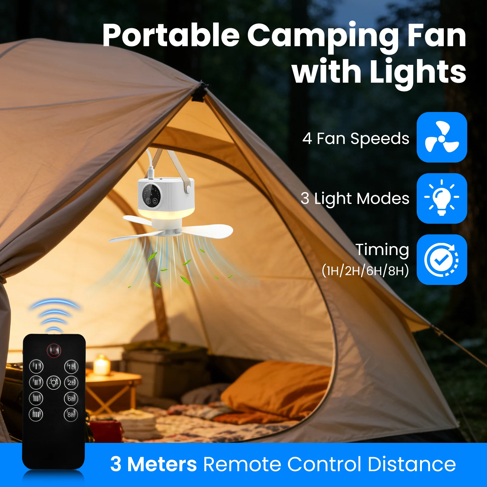 USB Ceiling Fan Portable Outdoor Camping Tent Hanging Fans Air Circulators with Remote Control Light USB Plug-In Style Fan