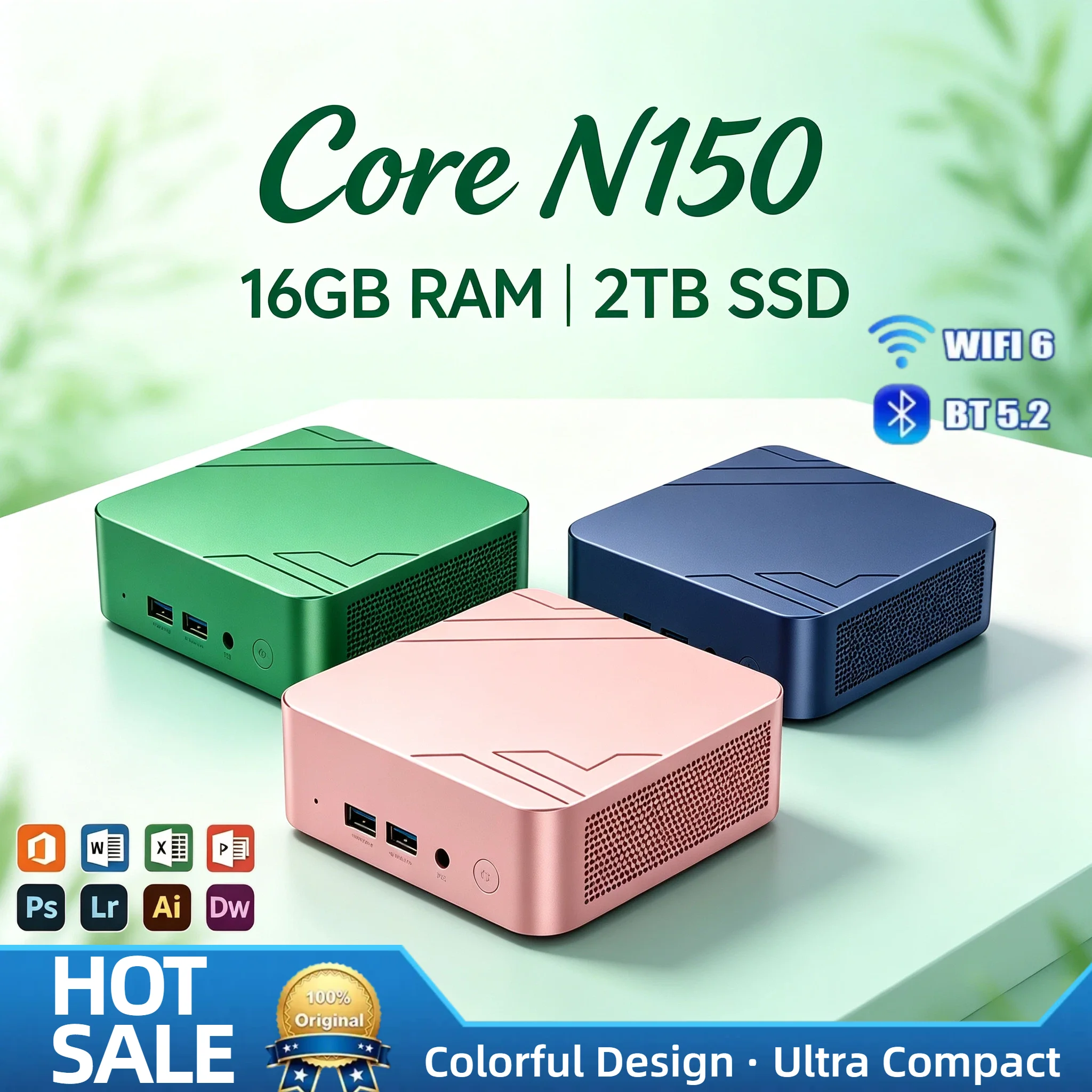 Intel Core N150 Ultra Compact Mini PC 16GB RAM 2TB NVMe SSD Triple 4K Output WiFi6 BT5.2 Cooling Remote Home Office Pro Unit