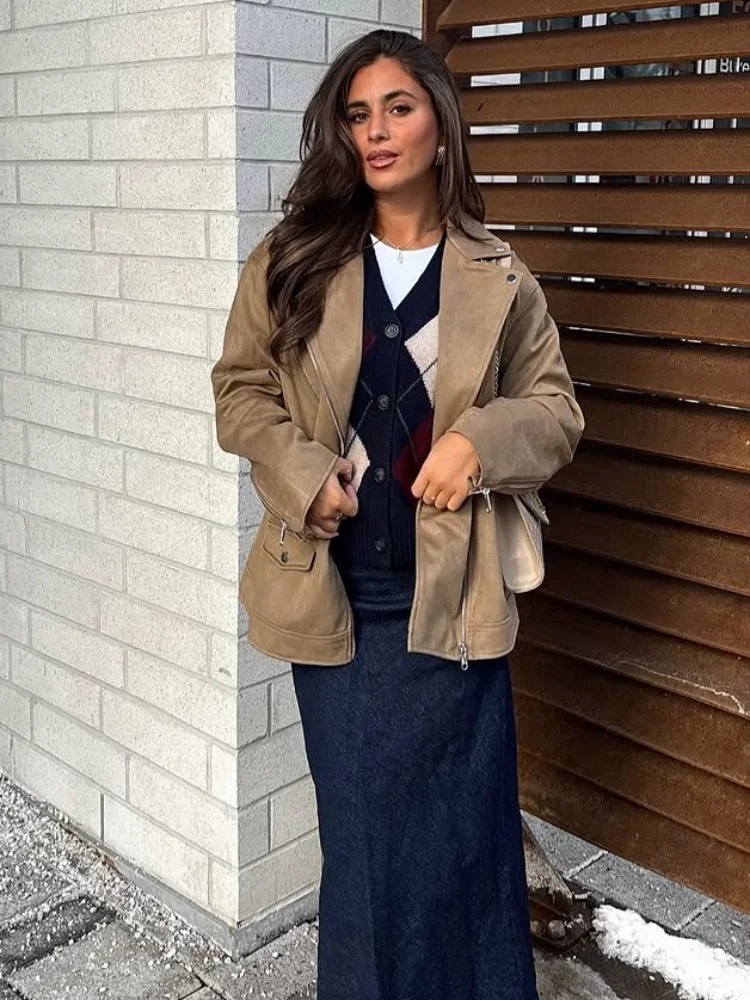 

Lapel Casual Khakis Suede Loose Jacket Women Fashion Full Sleeve Zipper Pocket Oversize Coat Lady New Autumn Commute Outwear