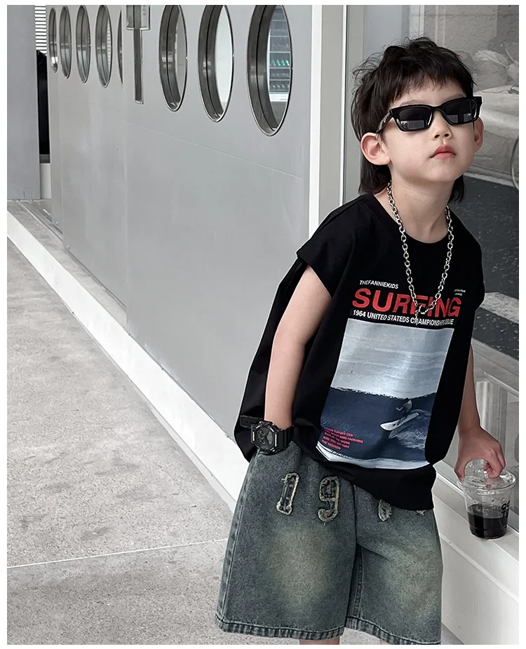 Boys Shirts Chlidren Clothes Summer Wear 2024 Children Korean Style Fashion Boys Sleeveless Top Letter Printed Boy Shirts