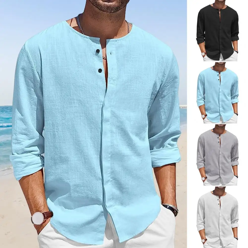 Camisa de praia masculina de botão para baixo, cardigã monocromático, gola redonda, botões de peito único, macio para férias