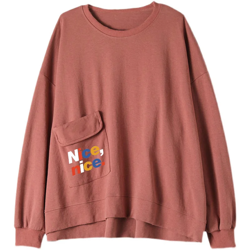 Autumn Loose Women Sweatshirt Letter Print Pocket Casual Cotton Korean Style Long Sleeve Tops Fashion O-Neck Simple Pullovers