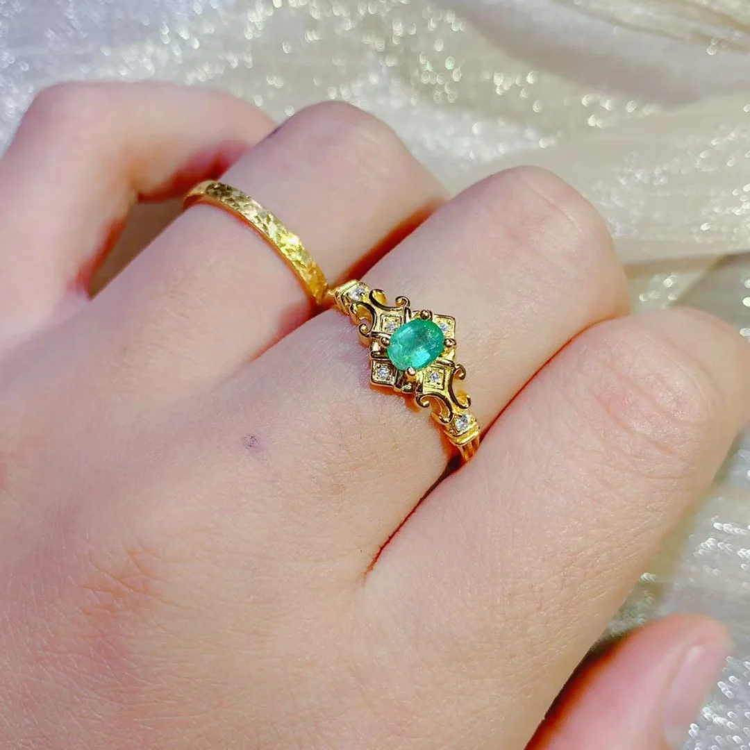 Ethnic Style Natural Emerald Ring 4*5mm S925 Sterling Silver Inlay Fresh Green Daily Party Jewelry for Ladies - view 2