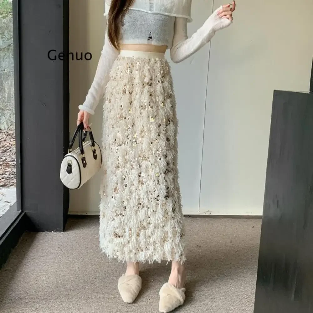 Women's Fall Winter Stylish Heavy Craft Sequin Ultra-Light Feather Fleece Lined Back Slit Straight Cut Maxi Skirt