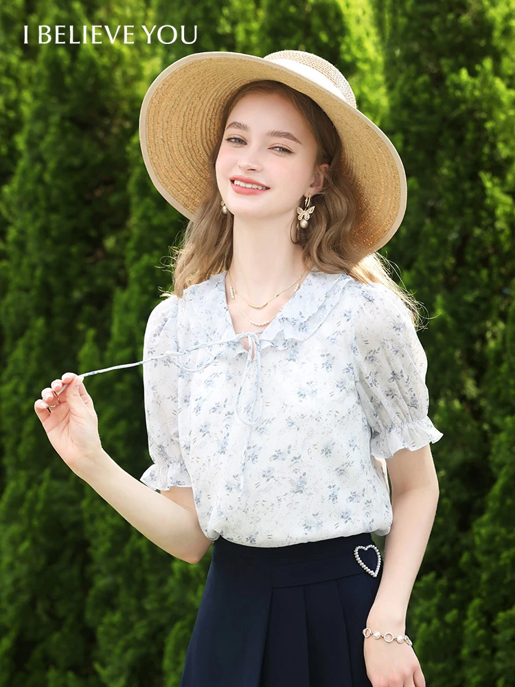 I BELIEVE YOU Blouse for Womens Floral Lace-up Puff Sleeved Chiffon 2023 Summer Tops New Loose Shirts Female Clothing 2232205050