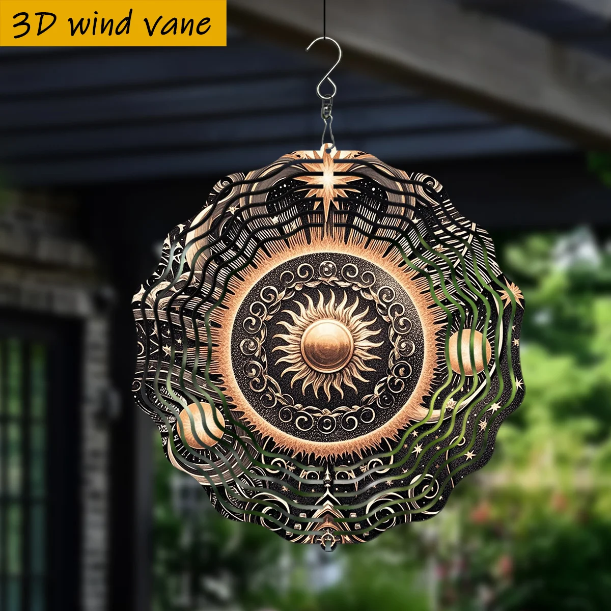 3D 1pc, Dazzling Golden Sun Surrounded by Stars, with Rotating Hook, 360° Creative Wind Spinner
