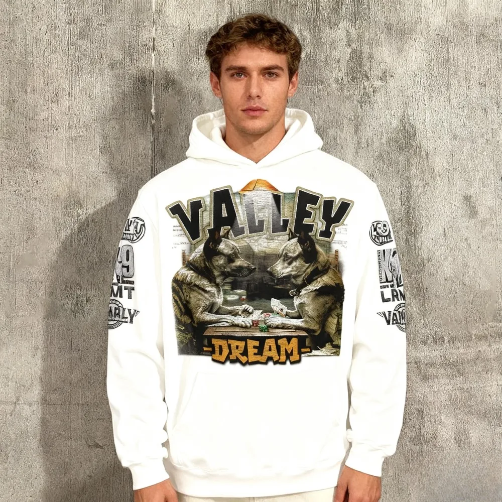 سويت شيرت بقلنسوة بنمط ريترو وور زون فالي دريم للرجال، ملابس علوية فضفاضة ومريحة على طراز الزوجين