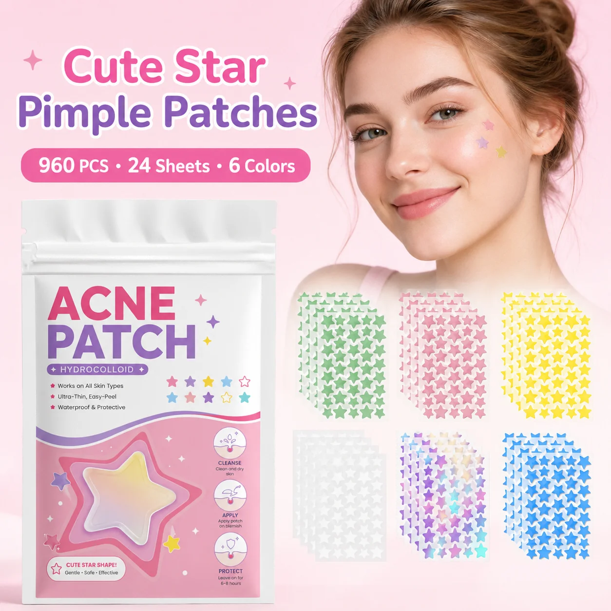 960PCS 24 Sheets Star Pimple Patches, 6 Color Hydrocolloid Face Stickers, Cute Beauty Spot Covers for Women Teens Daily Skin Car