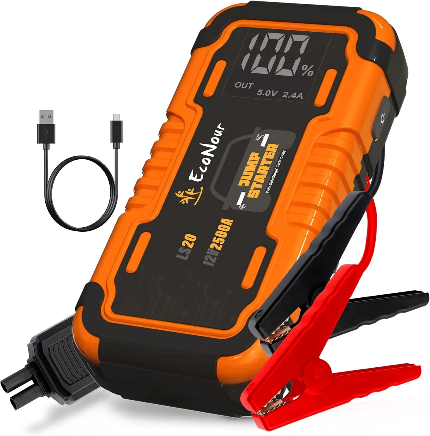 

2500A Portable Car Jump Starter – 12V Battery Booster for Cars, SUVs, Trucks – Smart Cables, USB Charger, LED Flashlight
