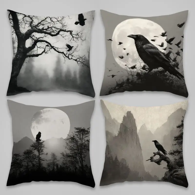 4 Pack Artistic Monochrome Moon Nature Pillowcases Throw Covers Decorative Black and White Forest Art Prints Home Decor 45x45cm