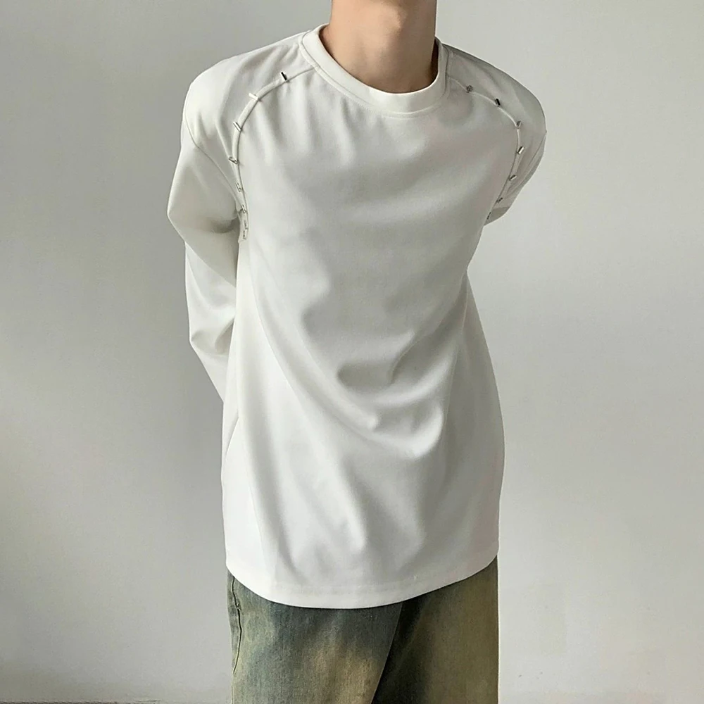 

Men Sweatshirt Deconstructed Metal Embellished T-Shirt Streetwear Fashion Stage Performance Long-Sleeved Top Men'S Clothing 2025