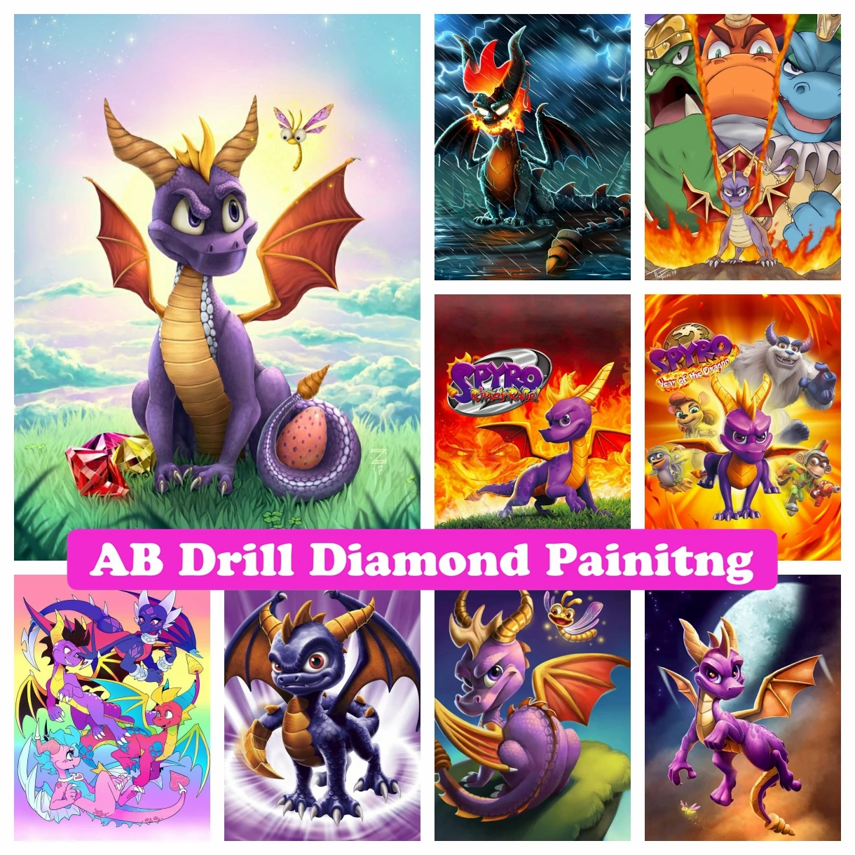 

AB Diamond Painting Spyro Cartoon Dinosaur Rhinestone Embroidery Game Cross Stitch Full Drill Mosaic Home Decor Children's Gift