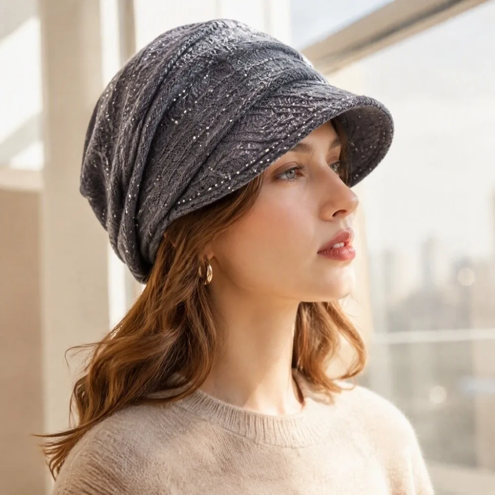 Fashion Soft Newsboy Beret Hat Breathable Foldable Visor Hat Stretchy Shimmer Dots Decor Knit Beanie Women