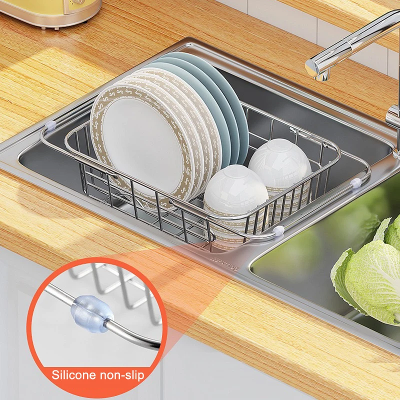 Adjustable Dish Drying Rack Stainless Steel Dish Drainer Fruit Vegetable Drainer Kitchen Sink Drain Holder Storage Rack