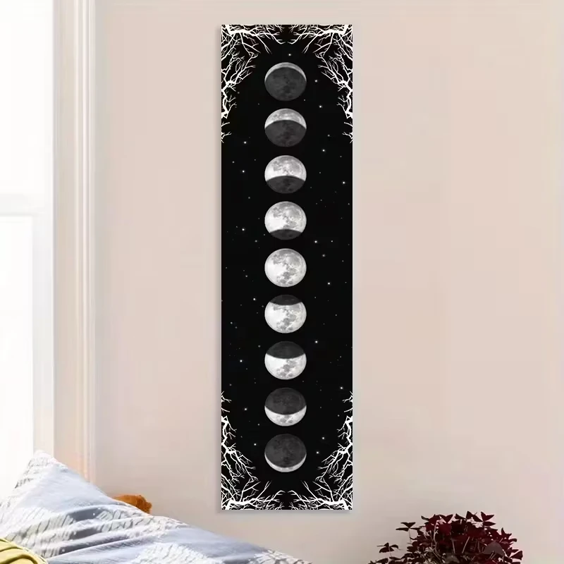Dark Lunar Phase Vertical Tapestry Gothic Style Moon Cycle Wall Hanging Bedroom Entryway Dorm Decor