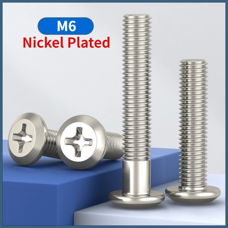 10/20/50/100Pcs M6 Nickel Plated Carbon Steel Phillips Recessed Large Flat Head Screw Furniture Rivet Connector Joint Bolt